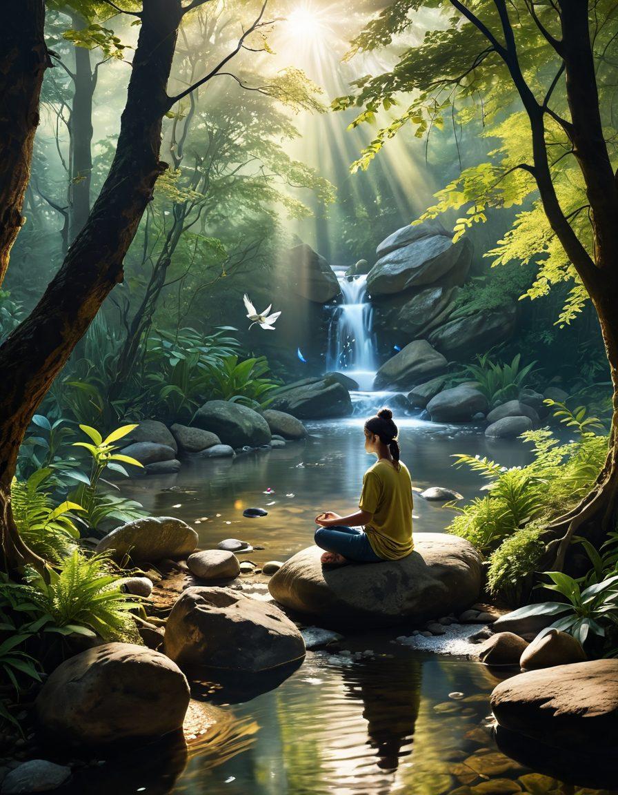 A serene landscape showcasing a tranquil forest with soft golden sunlight filtering through the leaves, a person meditating on a rock by a gentle stream. Surrounding them are various symbols of holistic practices like crystals, essential oils, and plants. Ethereal mist rising from the ground and birds gently flying in the sky. Evoke a sense of peaceful spirituality and connection to nature. super-realistic. vibrant colors. soft focus.
