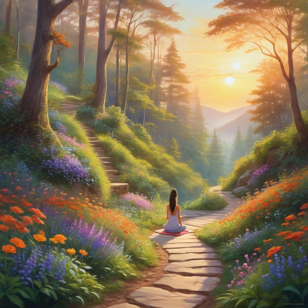 A serene landscape featuring a winding path through a lush forest, symbolizing personal growth and journey. In the foreground, a joyful person practicing yoga under a radiant sunrise, surrounded by blooming flowers and vibrant greenery, embodying self-care and authenticity. Soft, warm colors enhance the tranquil atmosphere. painting. vibrant colors. high detail.