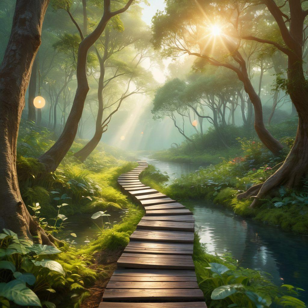 A serene landscape depicting a winding path through a lush forest, symbolizing the journey of spiritual growth. Soft light filtering through the trees, with a person meditating at the path's edge, surrounded by glowing orbs of light representing inner peace. Gentle flowing water nearby reflecting the sky. Ethereal mist adds a mystical feel to the scene. vibrant colors. peaceful atmosphere. 3D.